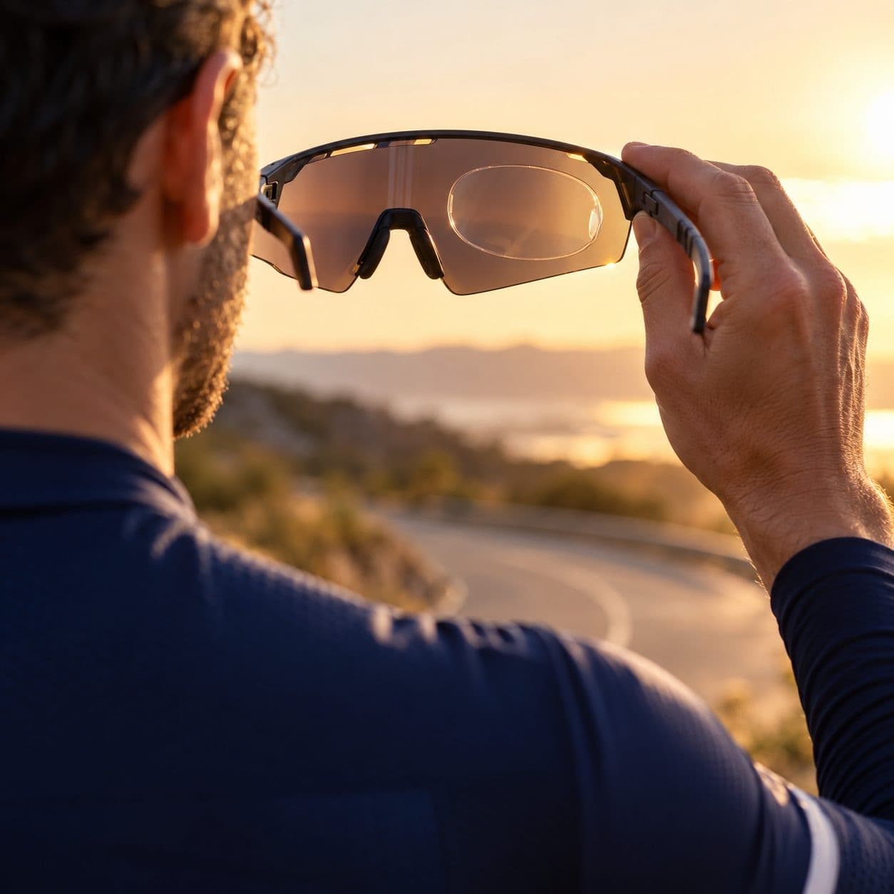 Ciclista segurando óculos com a Concept Lens aplicada