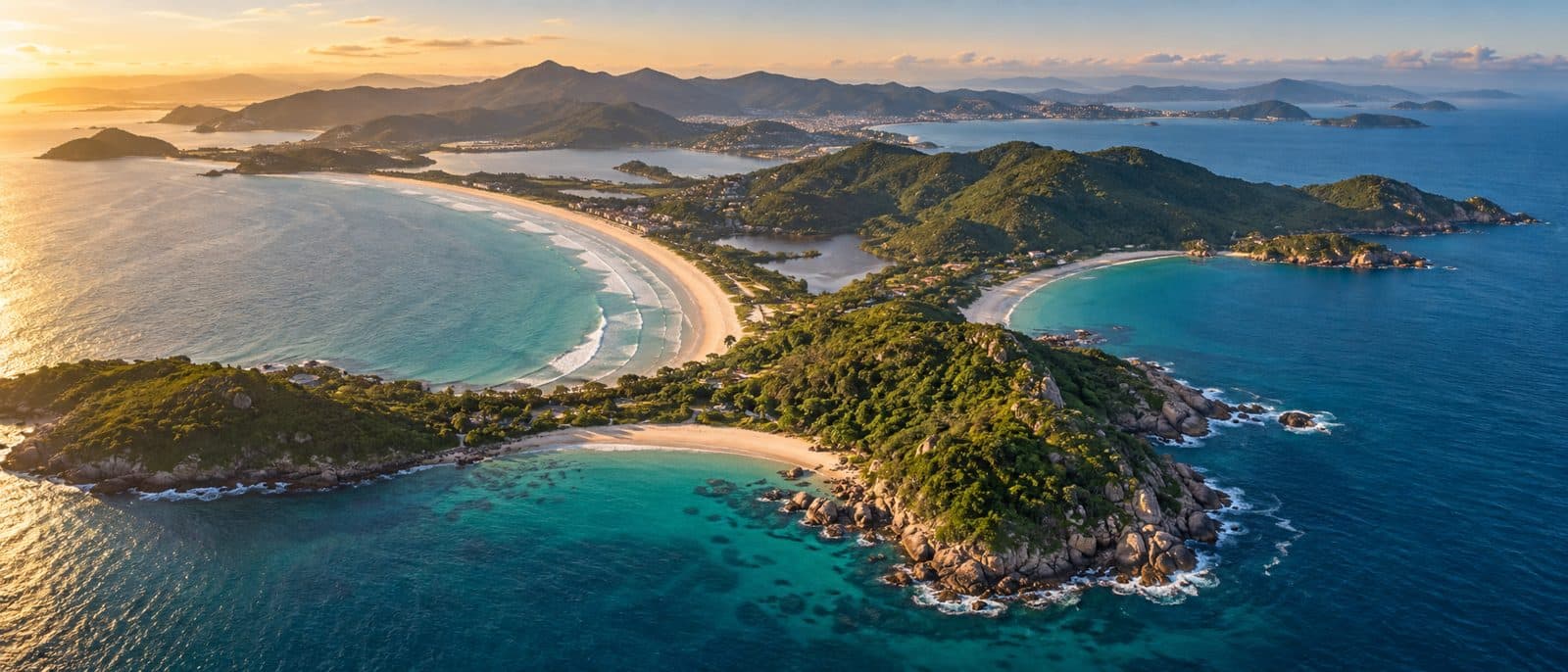 Vista aérea do litoral de Florianópolis ao pôr do sol